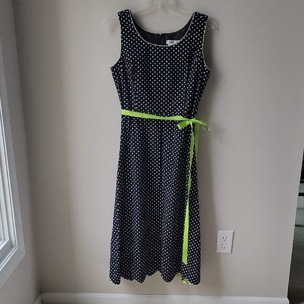 Coldwater Creek Polka Dot Sleeveless Dress with Green Accent Ribbon Women Sz 16